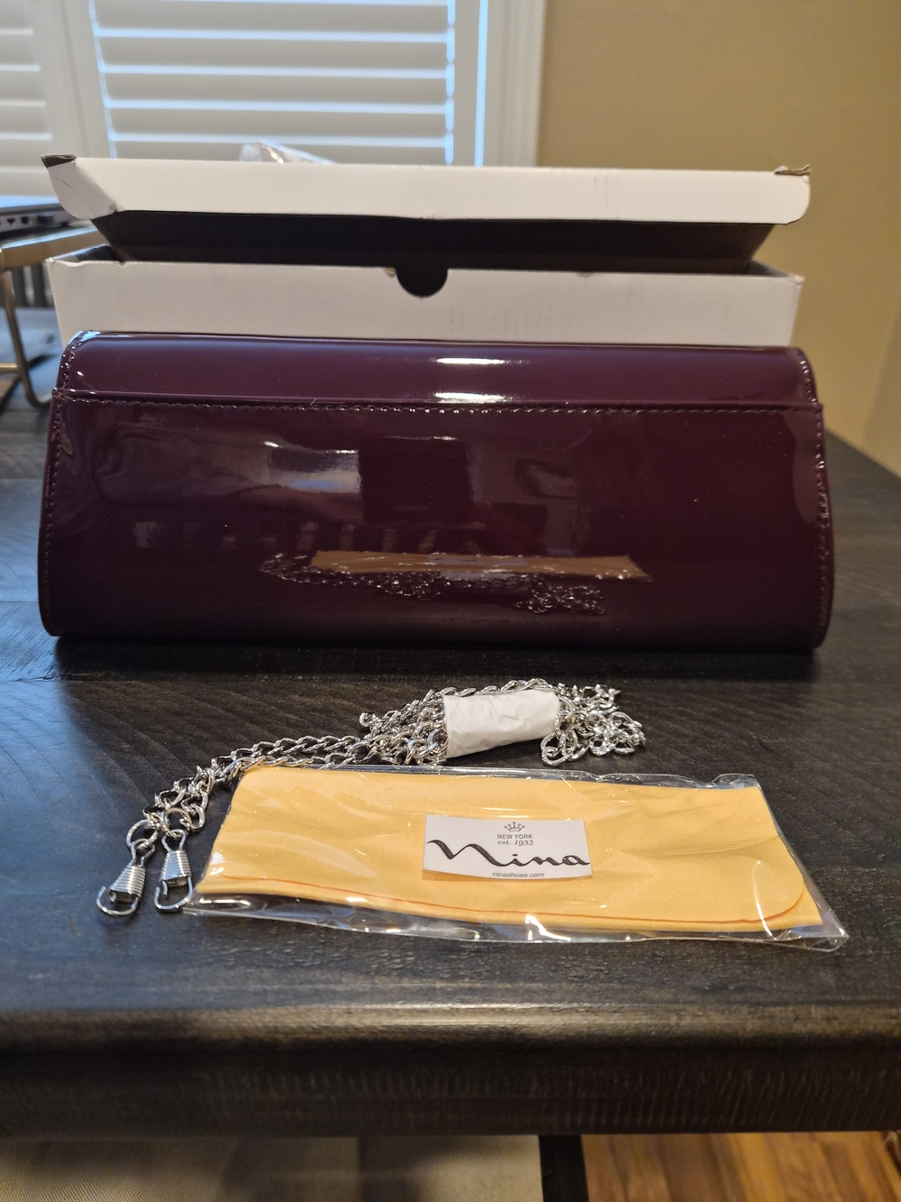 Nina Plum Patent Leather Clutch with Silver Chain
